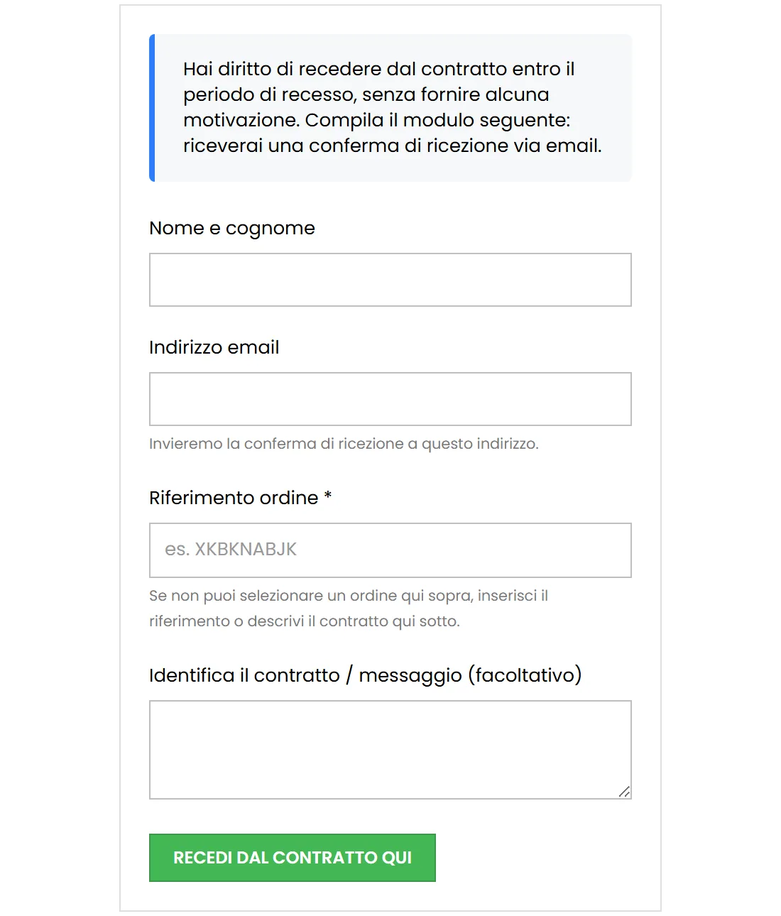 Modulo di recesso Evo su smartphone: layout responsive del form di recesso