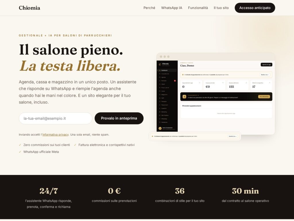 Home page di chiomia.it, il gestionale con IA per saloni di parrucchieri sviluppato da Evo Sistemi