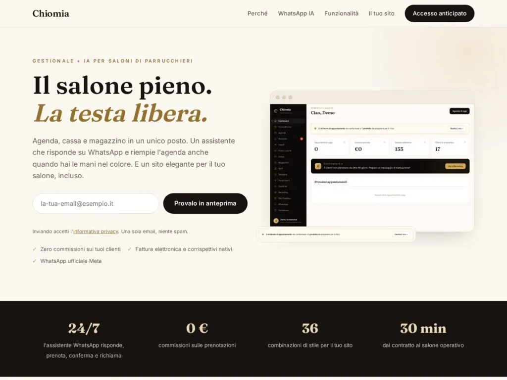 Home page di chiomia.it, il gestionale con IA per saloni di parrucchieri sviluppato da Evo Sistemi