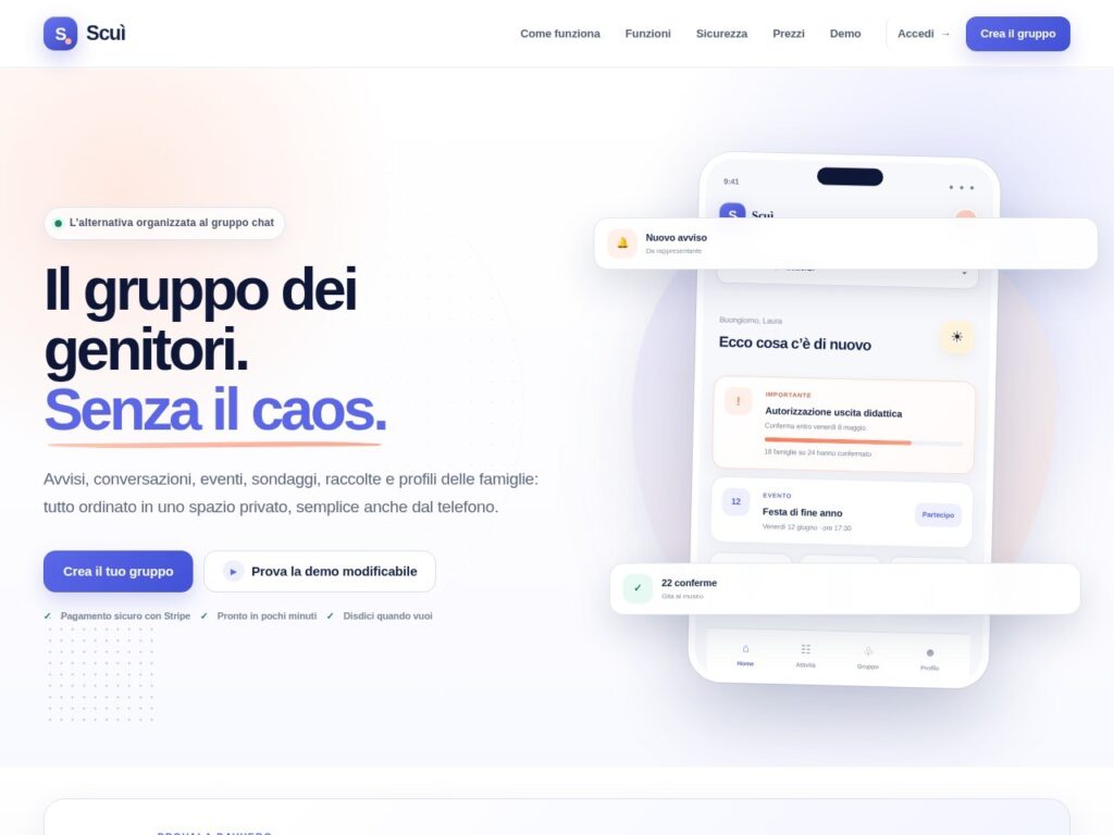 Home page di scui.it, la piattaforma di Evo Sistemi per organizzare il gruppo classe dei genitori
