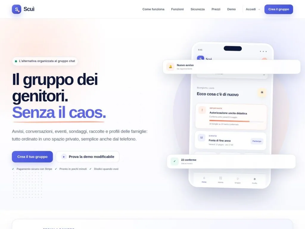 Home page di scui.it, la piattaforma di Evo Sistemi per organizzare il gruppo classe dei genitori